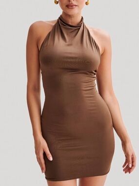 Meshki Sleek Halter Mini Dress in Brown